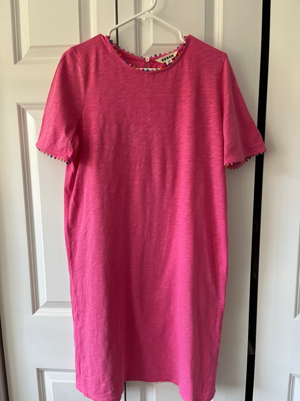 Boden Bright Pink Short Sleeve Shift Dress with Pom Trim
